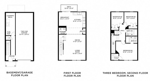three floor plan of a house with three bedrooms and a bathroom